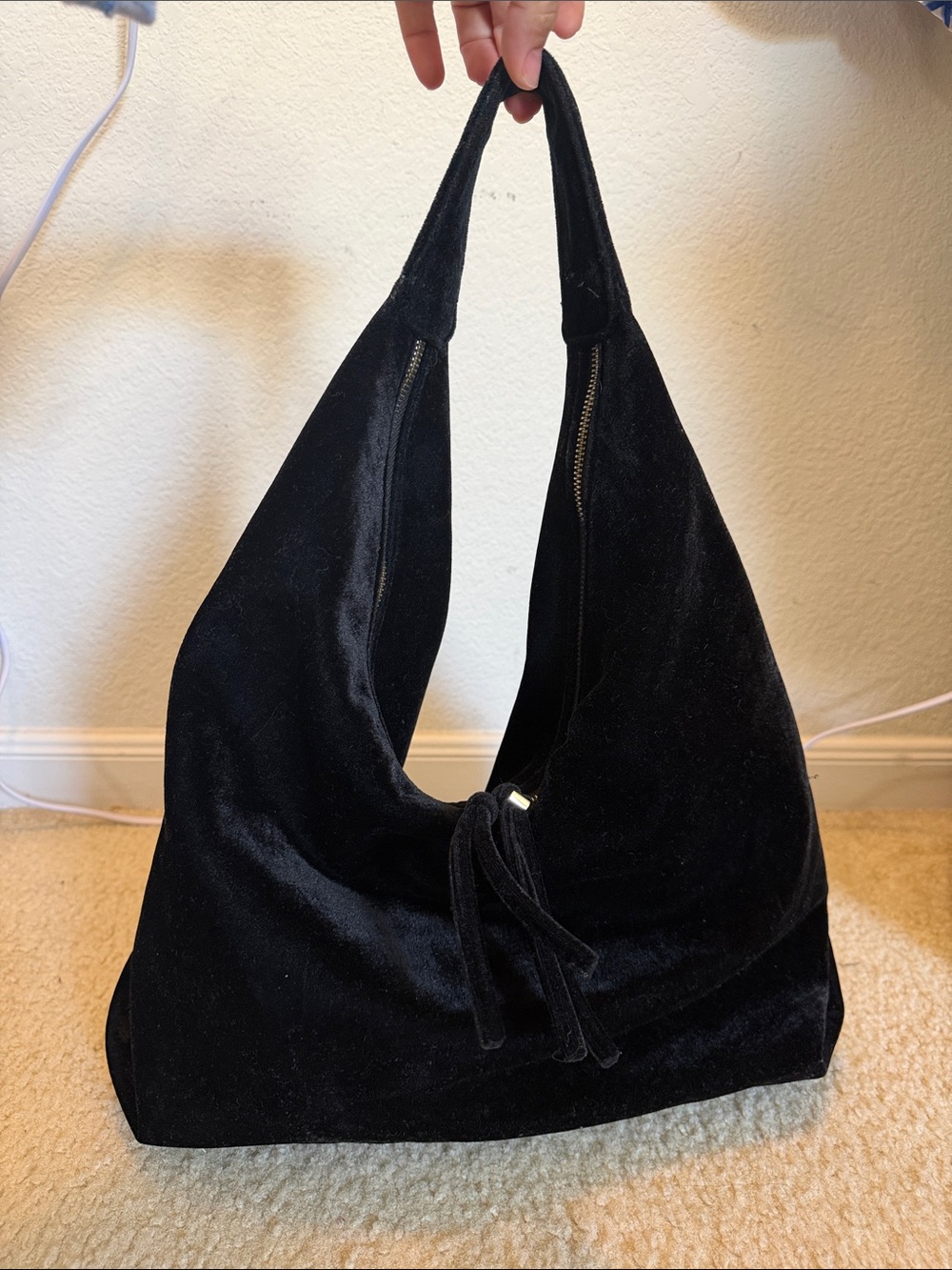 Tabitha Webb Black Velvet Slouchy Hobo Bag with Gold Hardware